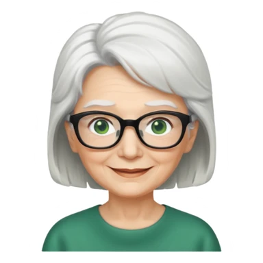 White hair grandma, green eyes, hair to shoulder, lokeg black glasses, rectangles face, smile , sticker