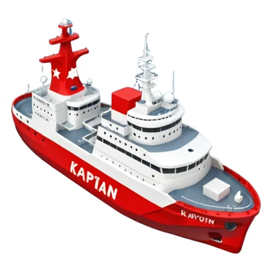 Realistic 3D icon of icebreaker "Kapitan Krutov" (grey hull, red star, white superstructure, "РОСМОРПОРТ" lettering). Soft winter lighting, 3/4 aerial view. Fractured blue ice, white background. High detail, photorealistic GSON style. sticker