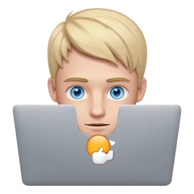 young European male with blue eyes, focused on a MacBook emoji sticker