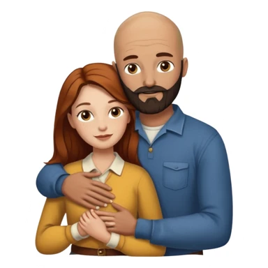Couple. Bald man with dark brown-black beard. White woman with many small, faded freckles, she has white skin and she has auburn-yellow-brown-cinnamon, dark long hair. She has light brown eyes. The man have hazel eyes. Retro style. They hug. sticker