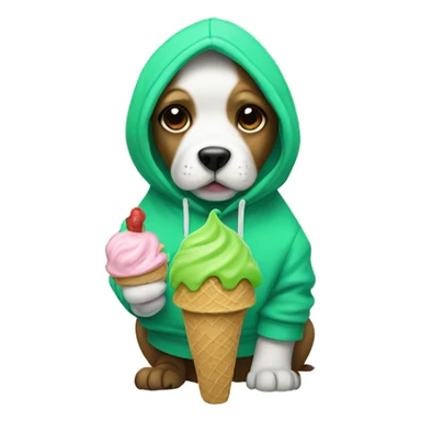 Dog wearing a hoodie while holding an ice cream and the ice cream is coloured green sticker
