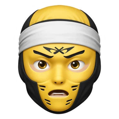 ninja face emoji with black ninja mask covering lower face, no skin color, standard emoji yellow, white headband, intense expression sticker