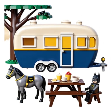  Ultra cute  Lego detailed 1854 Batman and pretty Catwoman dream horse drawn Caravan with picnic table and folding chairs alone at romantic afternoon (hot chocolate and cheeseburgers on the grill) sticker