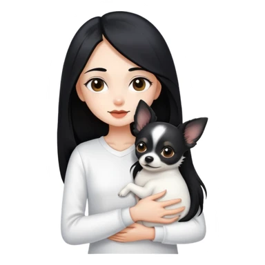 Fair skin girl - long black hair - white clothes - hugging a black chihuahua sticker