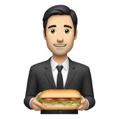 A white man with dark hair holding a long small sandwich sticker