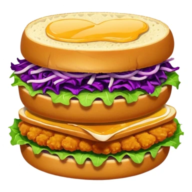 Spicy stacked chicken sandwich — two thick golden toast slices, a crispy breaded chicken fillet, green lettuce, and purple cabbage slaw, with glossy dark sauce dripping down the sides. sticker