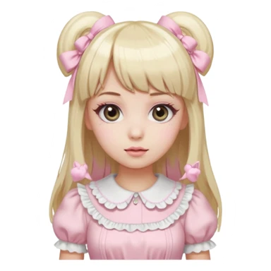 pale girl , who has straight hair medium length blonde and baby pink swirled hair with bangs , grey eyes , and doll like makeup , in a light pink lolita hime gyaru dress emoji | AI Emoji Generator sticker