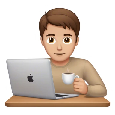 a white man with brown hair with a laptop and a cup of coffee sticker