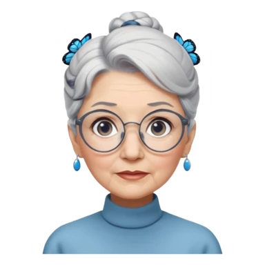 A beautiful grandmother with a delicate face and white/grey hair styled in high buns. She has steely blue/grey eyes and an intense gaze, and wears pretty glasses with butterfly frames. No background sticker