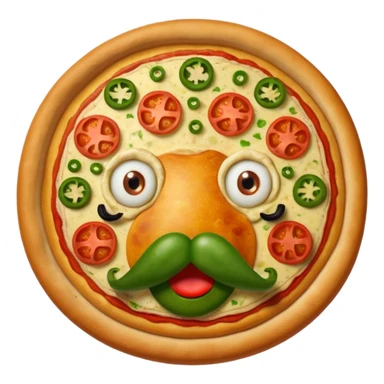 Complete Pizza with two red pepperoni eyes, a mushroom nose, and a mouth, mustache, and eyebrows made out of green peppers sticker