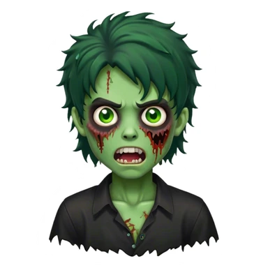 boy zombie with black curly hair mullet with green skin with black shirt and mouth open sticker