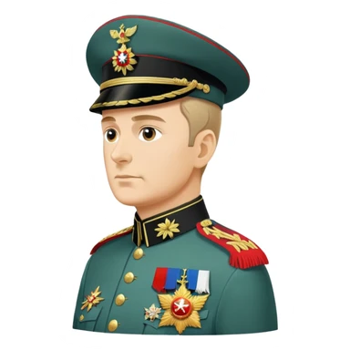Russian military general in formal uniform with medals and epaulettes, turned slightly to the left, military hat, profile view sticker