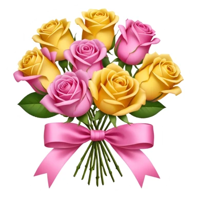 A bouquet of flowers, composed of pink and yellow roses, four blooms in total, tied with ribbon. sticker