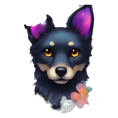 Black iridescent fluffy dog fox head zombie skull skeleton gold mechanical nebula galaxy stars colorful flowers fairy lights vintage sticker