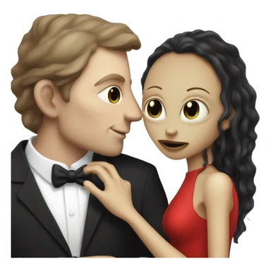 White man in black dress hugs and kissing Alien reptilian woman in red dress  sticker