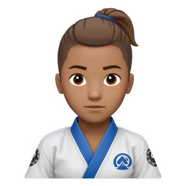 black jiu jitsu instructor with ponytail and a low taper fade sides haircut, and a small fade on the sides with a blue belt and roger Gracie academy logo on the gi sticker