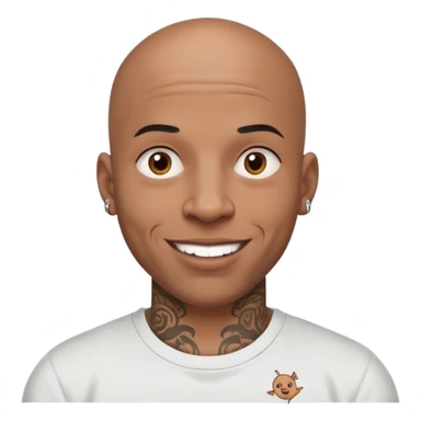 bald black man with intricate face tattoos, cheerful expression, wearing a t-shirt sticker