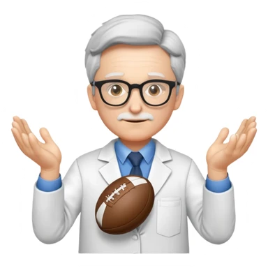 professor with glasses and academic attire with hands positioned as if gripping an invisible rugby ball sticker