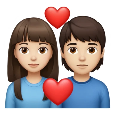 girl brunette with bangs long hair with boy dark brown hair with bangs with straight eyebrows with a light color heart between them. sticker