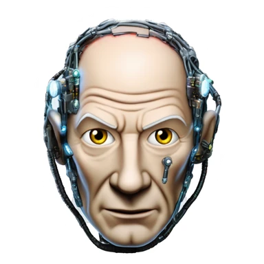 Jean luc picard from Star Trek assimilated by the Borg, with mechanical metal covering only the left side of his face, with wires and a red light on the left side. Both his eyes are unobstructed and are human blue eyes. sticker