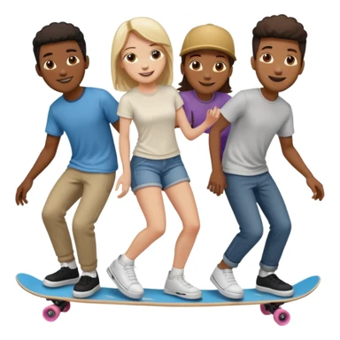 Four people (two black guys, one white guy, one white girl) on one long skateboard sticker