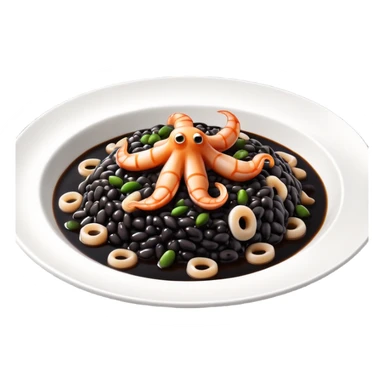cinematic-realistic-black-risotto-dish-emoji,-showcasing-small squid pieces in black sauce -rendered-with-bold-textures-and-dynamic,-dramatic-lighting in a white plate sticker