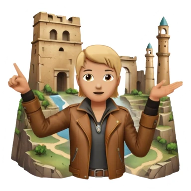 Icon for Documentary Film (TV style): A traveler pointing backward and narrating in front of ancient ruins. Include elements like historical landmarks, maps, and exploration tools to evoke a sense of adventure. Transparent background. sticker