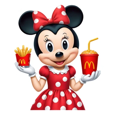 Minnie Mouse eating a McDonalds happy meal sticker