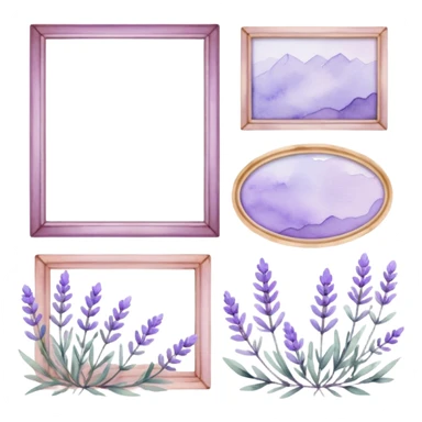 The art style is clean line art with delicate watercolor textures, pastel colors, and a dominant palette of lavender, soft lilac, and muted purple.  Delicate frames to border text sticker