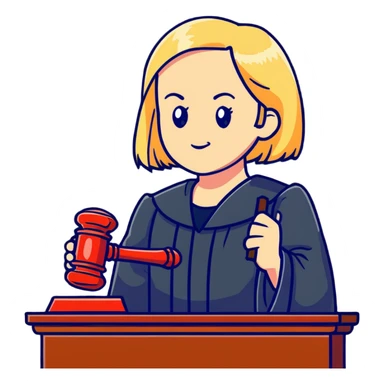 Angry judge with shoulder length blonde hair holding a gavel sticker