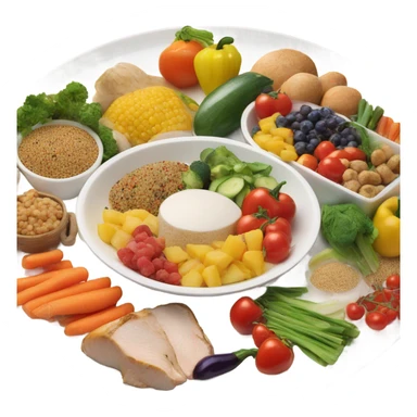 A large white round plate of healthy food sticker