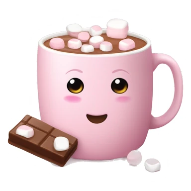 Pale pink hot chocolate mug with hot chocolate in it and marshmallows sticker