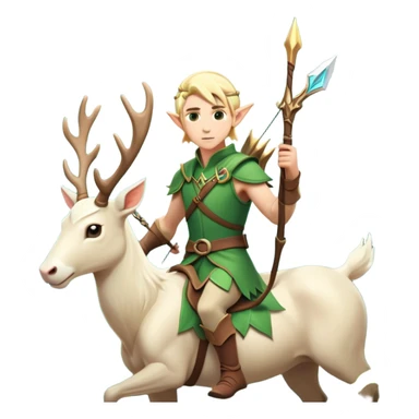 clash-of-clans-aesthetic-blond-male elf-archer-portrait-emoji, rendered in a flat, vector-style with minimal shading and bold, simplified shapes, head tilted slightly forward with a determined, focused expression, riding a majestic white stag whose antlers glow with mystical energy, set against an ancient, enchanted forest backdrop. sticker