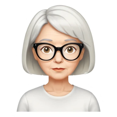 white older woman about 60 with light warm skin, short black bob haircut with slight waves at ends, neutral expression, large black shiny butterfly or cat-eye glasses, white casual t-shirt, calm and creative energy sticker