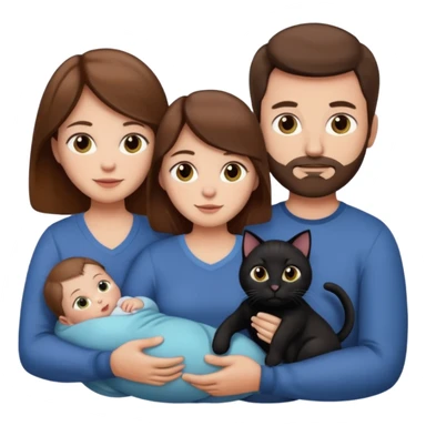 1 mom brown hair, 1 dad NO beard, 1 baby and 1 black cat sticker