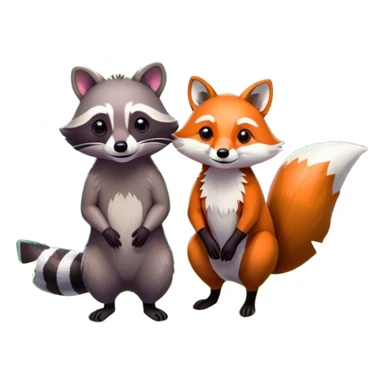 Collage of a raccoon and a fox, in close-up, surrounded by a colorful forest with rich green trees, thick bushes, and vibrant foliage. Sunlight peeks through the branches, casting warm light on the animals. A lively, natural setting with a transparent background. sticker