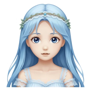 Beautiful ethereal pastel transparent translucent Gorgeous spectral dark greyish-blue whitish gloomy spectral Anime Poltergeist Lady with long hair with a beautiful white silky lace dress with a silky lace head band sticker