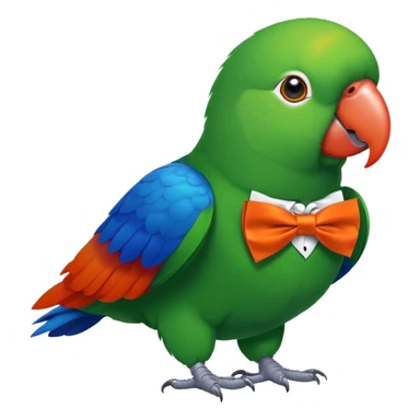 Give me an emoji, a green bird with an orange beach and red+blue under the wings. Make this bird a male eclectus parrot, give him a spiffy little orange bowtie sticker