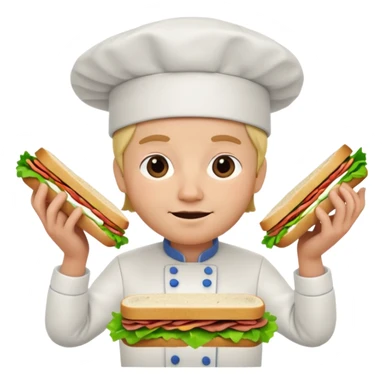 A 3D cartoon chef assembling a fresh sandwich with lettuce and meat, clean kitchen background, Memoji-style. sticker