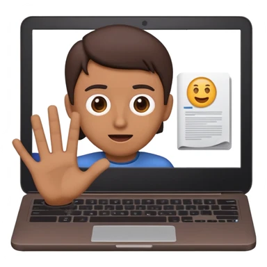 A dark-colored laptop with the screen open. From the screen, a person is emerging, giving a lecture or teaching. The person should look expressive and in a teaching pose. Soft shadows, semi-3D emoji style, clean background. video course sticker