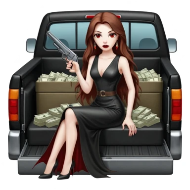 Lilith symbol red eye seductress evil long brown haired sexy succubus woman with leather long dress with slit on, sitting in Big Large F350 pickup truck. Back seat full of stacks of cash, she is  Holding a human skull of her enemies and a gun in other hand sticker
