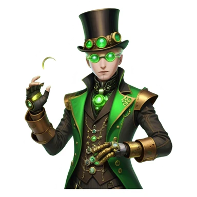 Dr. Nyx Oppen is a rogue quantum physicist turned cybernetic oracle in a Steampunk-infused dystopia. He wears a gear-embellished top hat and brass-laced suit, his mechanical gauntlets sparking with arcane energy. A steam-driven monocle glows neon green, and he wields a retrofitted ‘radium vape’—trailing eerie atomic plumes through the city’s clockwork shadows. sticker