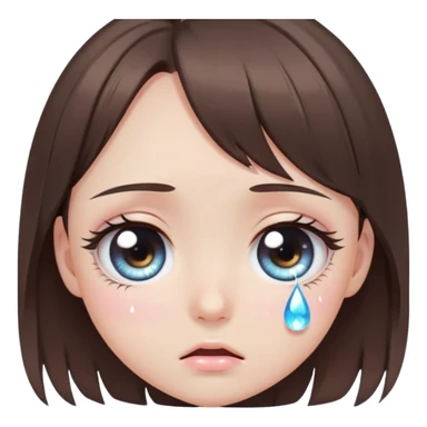 Cute anime-style crying girl eye, brunette, big round eye with a teardrop falling down, sparkly pupil, long lashes, soft pastel colors, kawaii emoji aestheti sticker