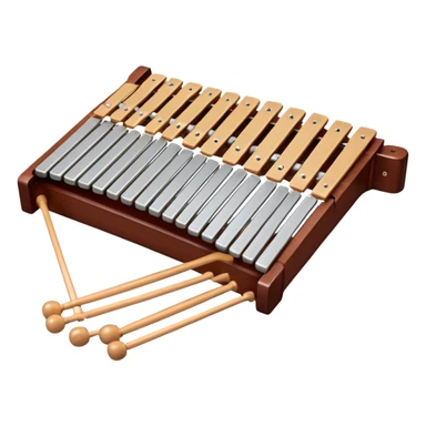 Create a detailed and professional emoji representing a Fleet FLT-SX37 long orchestral wooden xylophone. The design should showcase the large wooden bars of the xylophone, arranged in a traditional setup, with soft metallic accents on the mallets. The bars should have a rich wood texture, with polished details to reflect the quality of the instrument. The mallets should be held above the bars, with the heads clearly visible. Use warm, rich wood tones like mahogany and light brown, with silver or metallic accents for the mallets. Add subtle musical notes floating above the xylophone to emphasize its melodic sound. The background should be transparent. sticker