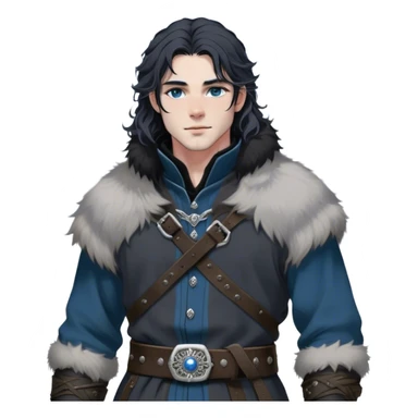 Medieval winter outfit worn by a DnD themed fantasy male character. Heavy charcoal gray wool tunic with black wolf fur lining, embellished with etched silver buttons and a sturdy leather belt with decorative metalwork. Clothes only above the waist, full waist coverage. The character has no arms. Character is white-skinned with jet black hair, steel blue eyes, and shoulder-length wavy hair with snow-kissed strands. sticker