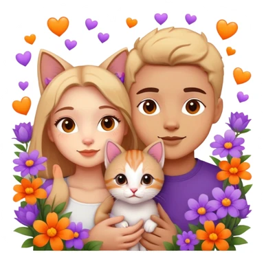 Cute couple next to a cute kitten surrounded by purple and orange flowers and hearts  sticker
