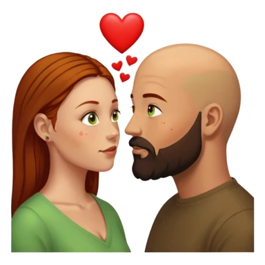 Couple. Bald man with dark brown-black beard. Woman with freckles, white skin and she has auburn-yellow-brown-hair. She has light yellow-green-brown eyes. He have hazel eyes. They look at each other. Many small red hearts around them. sticker