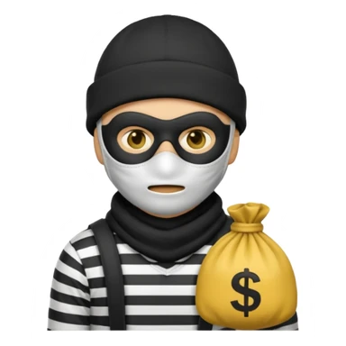 A Robber Emoji, the robber is Male, has a Black Beanie hat, has a shirt with black and white stripes, a black mask thing around his eyes, and a yellowish money bag on his hanging right shoulder, we can only see his upper body from his chest and his face he has NO face mask and looks like 🧑‍🌾 emoji sticker