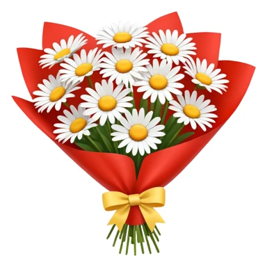bouquet of daisy with red bow and red wrapping paper sticker