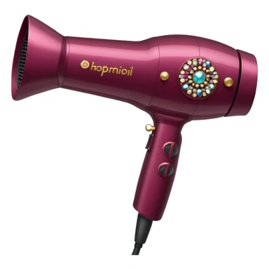 burgundy blow dryer with a ribbon covered in gems sticker